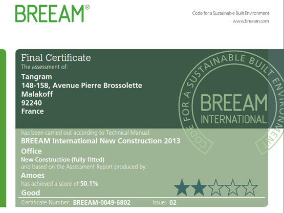 Certification BREEAM pour les bureaux TANGRAM &agrave; Malakoff !